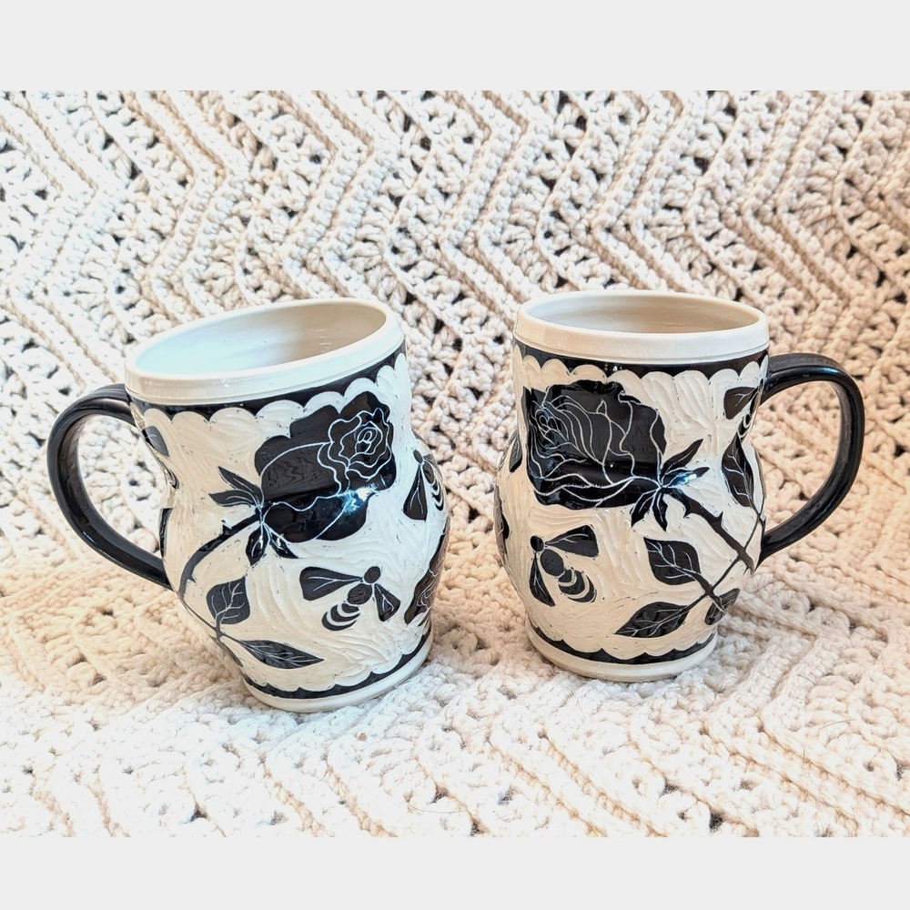 Handmade Ceramic Sgraffito Mug Set of 2 Black Rose and Honey Bee Pottery